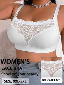 Plus Size Women's Lace Patchwork Wireless Bra, Comfortable Leisure Sports Bra With Breathable Back Design - White - View 4