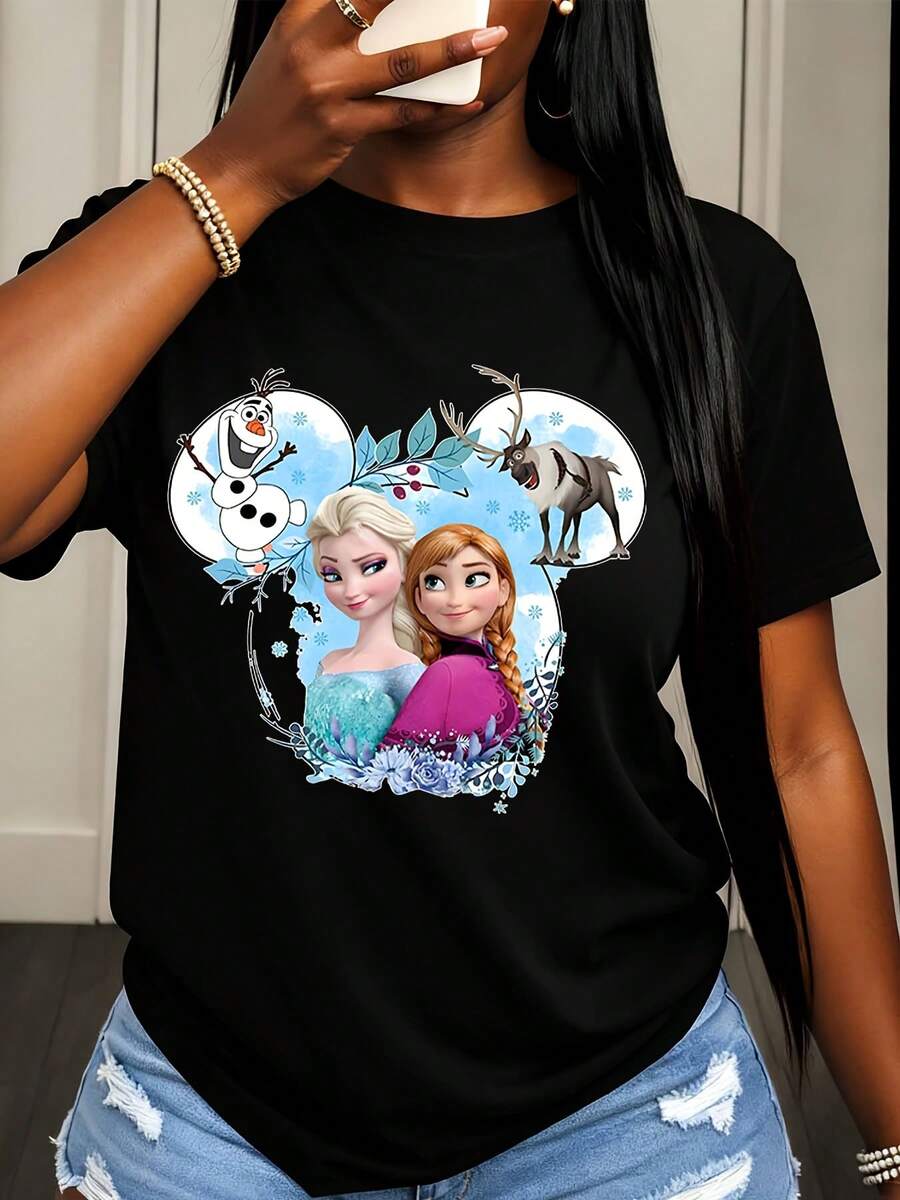 Disney Frozen Elsa Anna Olaf And Sven Mickey Mouse Shape Print T Shirt Women Casual Summer Fashion Top Streetwear Style - Black - View 1