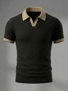 男士夏季輕量休閒運動 Polo 衫，簡約時尚日常穿著，短袖領口上衣 - 黑色 - 查看 4