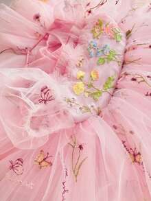女嬰刺繡花瓣袖鏤空背網紗公主裙，適合女孩生日派對、花童婚禮、重要場合、節日慶祝禮服 - 淺粉色 - 查看 7