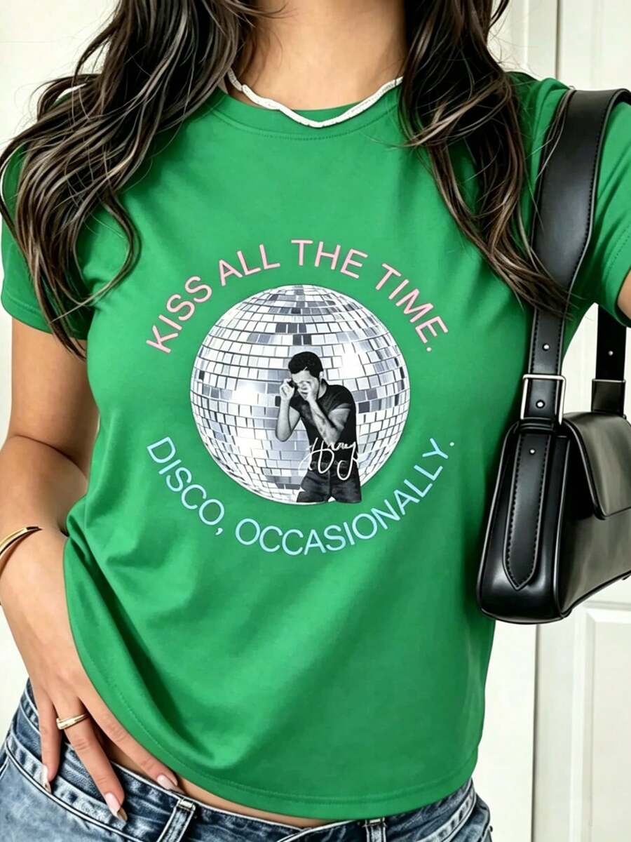 Women's Casual T-Shirt 100% Cotton | Women's Short Sleeve Crew Neck T-Shirt With Casual Print, Harry Style, Kiss All The Time Disco Occasionally, Disco Ball, Love On Tour Essential (2) Men's Loose Fit Short Sleeve T-Shirt | Exquisite Design | Summer Must-Have | Versatile And Easy To Match | Show Off Your Style With This Short Sleeve Crew Neck T-Shirt. | Machine Washable | Suitable For All Seasons, Comfortable And Fitted. | Bright Digital Print T-Shirt, Casual And Versatile - 綠色 - 查看 1