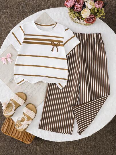 2pcs/Set Casual Striped Knit Round Neck Top + Sweet Cute Striped Pants, Vintage Print, Suitable For Outdoor Sports, Campus, Vacation, Spring/Summer Girls Gift Essential Set