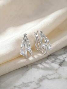 Luxury Sparkling Hoops, Three-Circle Zirconia S925 Silver Earrings With Gift Box For Party & Wedding - Multicolor - View 7