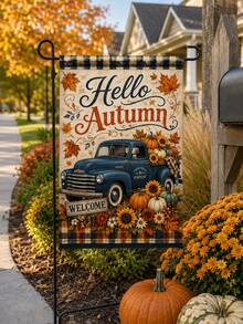 1 pieza Bandera de jardín vintage de camión Hello Autumn, lino rústico vertical azul con camioneta, calabaza, girasol, hoja de arce y borde a cuadros, pancarta de bienvenida para exterior, césped, porche y decoración de granja, adecuada para la cosecha de otoño, Acción de Gracias y entrada de granja - Multicolor 2 - Ver 6