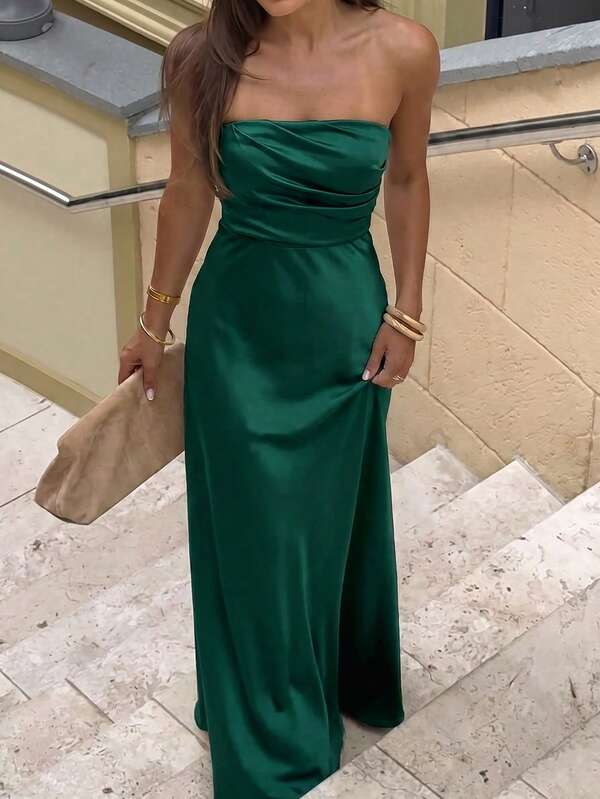 Vestido de noche elegante sin tirantes con pliegues de unicolor para mujer, para boda y fiesta