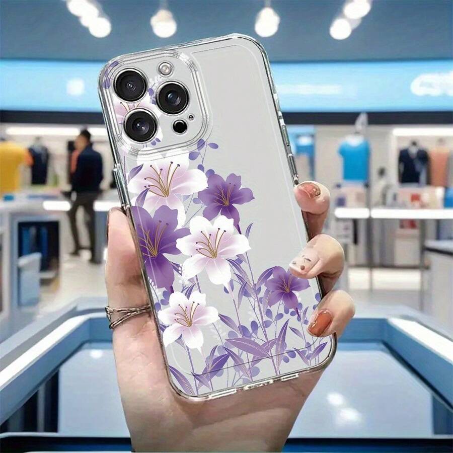 1個 Ins風清新木槿花與葉子素色圖案防滑柔軟手機殼，適用於 iPhone 11/12/13/14/15/16 Pro Max - 彩色 - 查看 1