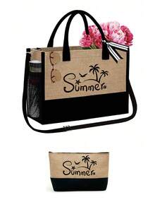 海灘夏季主題托特包套組，印有藝術字母「Summer」海星椰子樹貝殼卡通圖案，大容量手提包搭配兩款化妝包，適合婚禮、度假與假期，適用日常使用，送給女性、媽媽、老師、朋友、伴娘、學生的好禮，開學季大包，度假週末短途旅行手提包，附圍巾，朋友個性化生日禮物，教師節禮物 - 彩色 - 查看 16