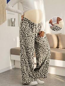 Celana Hamil Motif Leopard dengan Karet Pinggang Lebar, Tali Serut yang Dapat Diatur, Celana Penyangga Perut Hamil untuk Aktivitas Kasual & Perjalanan Luar Ruangan - Aprikot - View 5