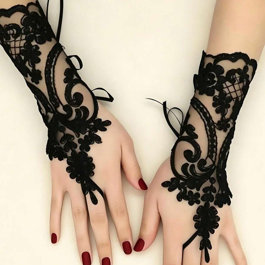 1 Pair Elegant Black Lace Fingerless Gloves - Soft & Skin-Friendly, Delicate Floral Pattern, Elastic Polyester Material - Perfect Choice For Bride Wedding, Party And Ball - Gloves - View 1