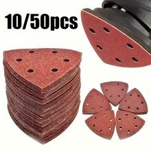 10/50pcs Triangular Sandpaper Red Flocked Self-Adhesive Triangular Sanding Disc 6-Hole 90*90*90mm For Wood Sanding, Grit 60/80/120/180/240/320 - Red - View 1