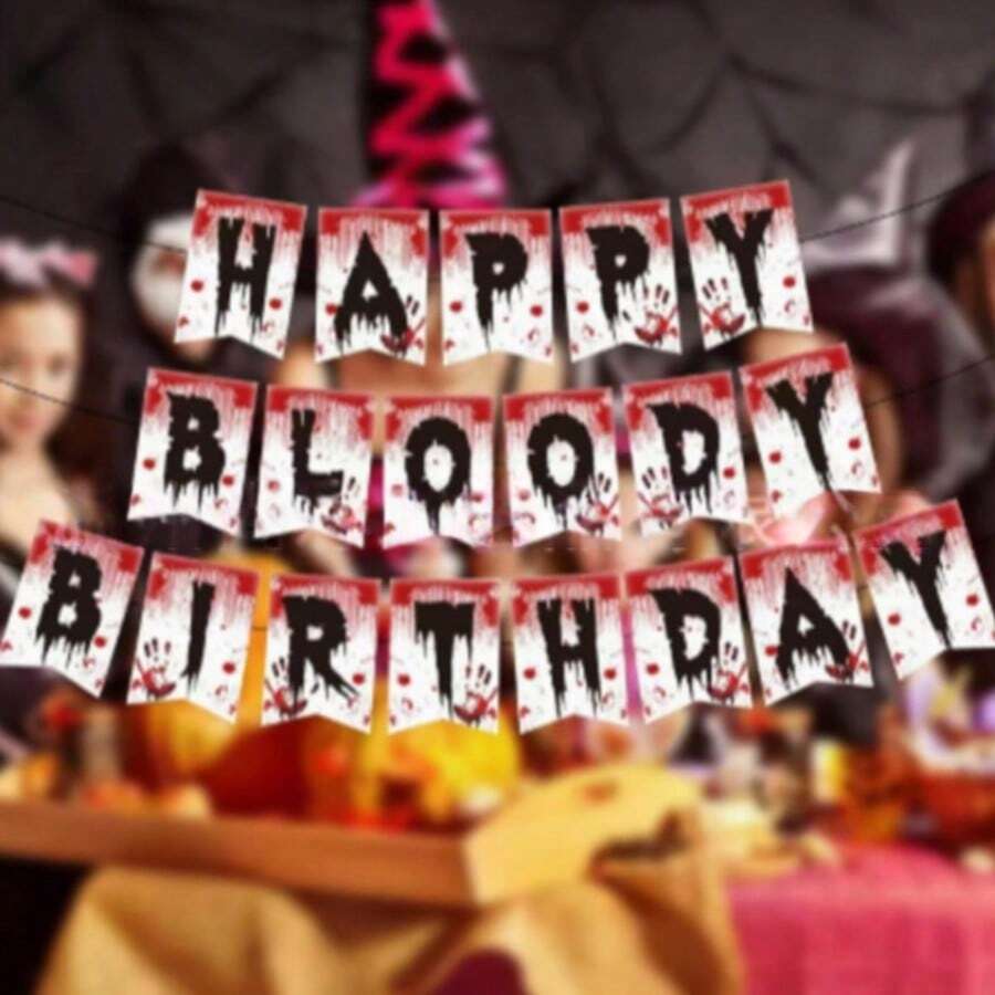 Happy Bloody Birthday Banner mit blutigem Handabdruck, Horror-Blut-Thema Geburtstagsparty Hängebanner, Horror-Zombie-Stil Halloween-Geburtstag Wanddekoration Zubehör - Requisitenbanner - Übersicht 1