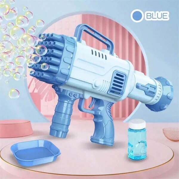 Máquina de Burbujas para Niños de 32 Orificios, Juguete Portátil de Burbujas para Exteriores, Ideal para Fiestas, Playa y Piscina con Soplador de Burbujas Colorido - Rosa/Azul Claro, Batería y Solución No Incluidas
