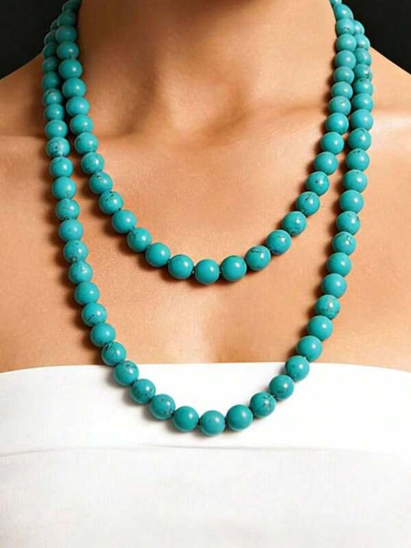 Boho Style Long Turquoise Necklace 108 Beads Mala Knoted Necklace Yoga Meditation Spirituality Religion, Prayer Beads Fashion Jewelry For Women Men