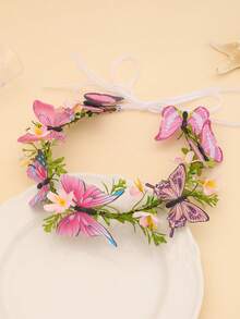 1pc Pink Butterfly Floral Wreath Headband, Bohemian Fairy Flower Crown Hair Accessory For Bride, Bridesmaid, Beach Vacation (Random Butterfly Floral Pattern) - Multicolor - View 3
