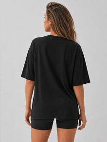 Nonwe Women's Loose Oversized Drop Shoulder Black Solid Color T-Shirt Short Sleeve Round Neck Top Summer Casual Shirt Y2K 2026 Basic Style - Black - View 7
