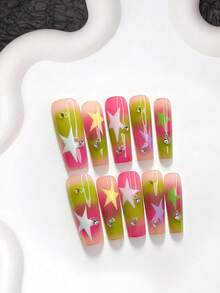 10pcs Summer Style Handmade Press-On Nails, Polygel Nail Art Set, Star & Rhinestone Decor, White, Yellow, Purple, Green Nail Polish, Dopamine Style, Includes Nail Tools, 3 Sizes Available, Almond, Duck, Coffin Shape, Suitable For Party, Dancing, Daily Wear - 彩色 - 查看 15