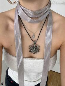 1PC Silver Shimmer Skinny Scarf, Metallic Glitter Neck Scarf, Versatile Ribbon For Neck, Hair & Outfit Styling - Multicolor - View 7