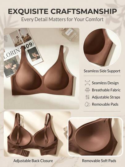 2pcs/Set High Quality Seamless Wire-Free V-Neck Push-Up Bra For Women, Jelly Gel Support, Soft Comfortable Skin-Friendly Everyday No-Trace Lingerie, Pure Black & Coffee