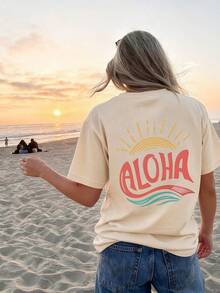 Women's Casual Short Sleeve Round Neck T-Shirt - Printed Pattern, Soft & Comfortable Fabric, Machine Washable, Summer Tops - Apricot - View 2