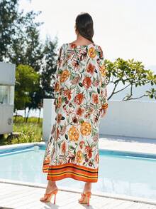 Plus Size Floral Print V Neck Batwing Sleeve Kaftan Dress Loose Flowy Maxi Beach Cover Up For Summer Wedding Vacation Party Lounge Wear - Orange - View 3
