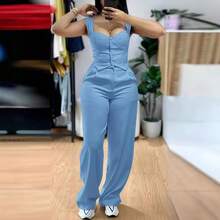 New Women's European And American Style Outfit, Fitted Crop Top With Straps And Wide-Leg Pants, Elegant And Casual Look For Curvy Women - 粉紅色 - 查看 5