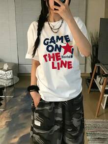 Women's Round Neck Short Sleeve T-Shirt, Summer New Fashion Star Pattern And Letter Print, Casual Versatile Loose Fit Top, White - White - View 7