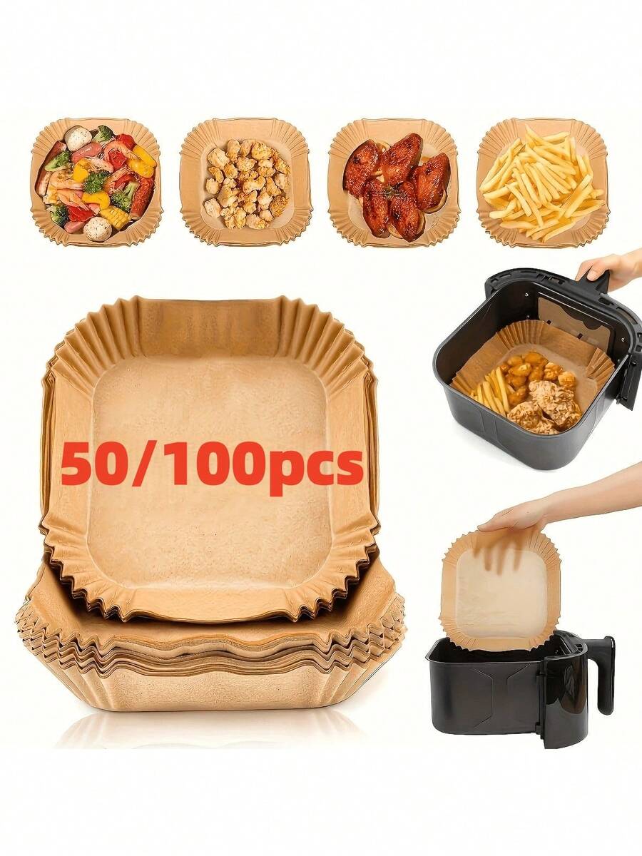 50pcs/100pcs Air Fryer Parchment Paper Liners, Non-Stick Oil-Absorbing Baking Paper, Leak-Proof Food Mat - Multicolor - View 1