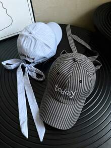 1Pc Women Sweet Bow Ribbon Design Baseball Cap ,Y2K Travel Fashion Sunscreen Versatile Contrast Striped Women's Hats, Gift For Back To School. - Multicolor - View 3