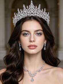1 Set Women's Silver Fashion Wedding Jewelry (Bridal Accessories), Including Classic Rhinestone Crown, Necklace And Earrings, Total 4 Pieces, Suitable For Wedding - Silver - View 1
