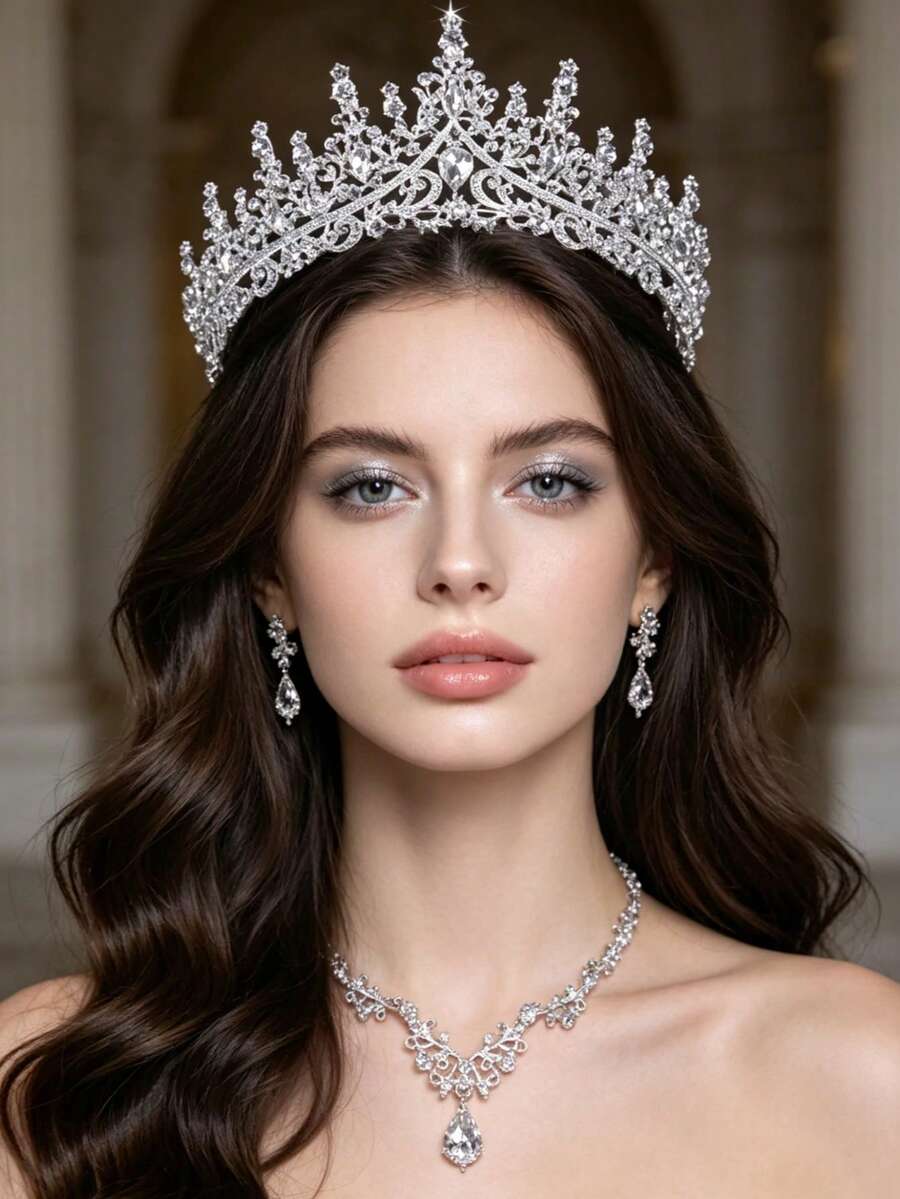 1 Set Women's Silver Fashion Wedding Jewelry (Bridal Accessories), Including Classic Rhinestone Crown, Necklace And Earrings, Total 4 Pieces, Suitable For Wedding - Silver - View 1