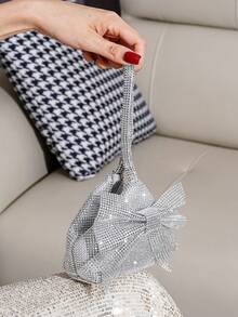 Sparkly Mini Bow Rhinestone Decor Evening Clutch Handbag Coin Purse Wallet - Silver - View 6