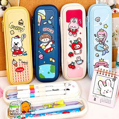 1個 かわいいカートゥーンプリント 筆箱、大容量フルーツプリント 文房具ボックス、仕切り付き 耐衝撃ジッパー 筆箱、ファッショナブルな学生用筆箱、学習、オフィス、新学期シーズンに適しています