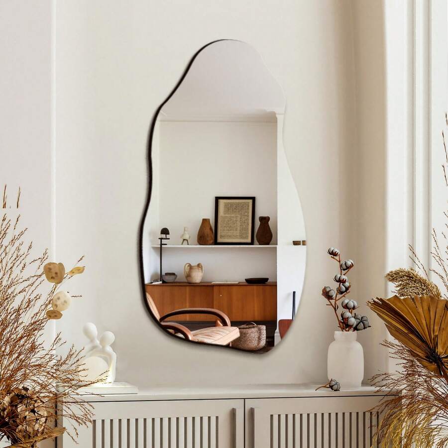 1pc Asymmetrical Frameless Wall Mirror, Wall Decor Mirror Sticker, Bedroom Home Decor, Living Room Room Decoration, Abstract Wavy Acrylic Decorative Mirror, Suitable For Bathroom Bedroom Living Room, Minimalist Home Decor - 2mm - View 1