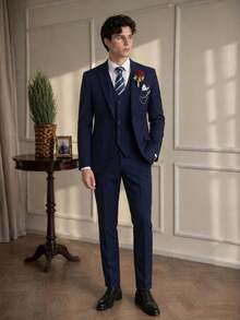 Men's Suits 3 Pieces Suit Set For Men Elegant Solid Fashion Slim Fit Prom Blazer Double Breasted Vest Pants Set Business - Navy Blue - View 1