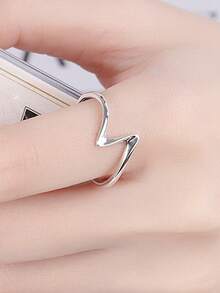 1pc S925 Sterling Silver Wave Heart Open Ring, Minimalist Polished Niche Design Adjustable Versatile Silver Ring - Silver - View 4