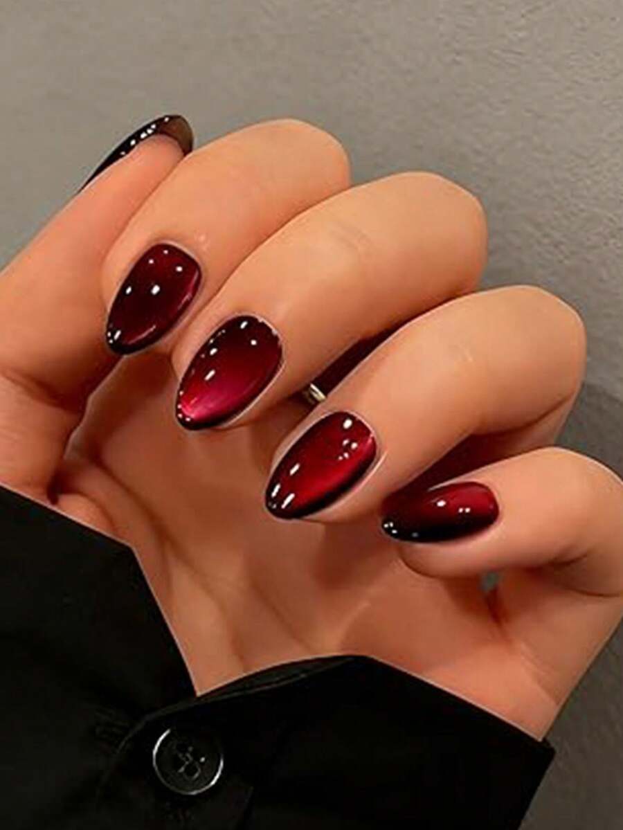 24pcs Red Gradient Cat Eye Press-On Nails, High Gloss Cat Eye Gradient, Includes 1 Sheet Jelly Glue And 1 Nail File - Red - View 1