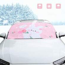 Cute Bear Print Car Windshield Cover, All-Season Sun Shade & Snow Cover, Lucky Bear & Tulip Cartoon Pattern, Durable Fabric, Sweet Casual Style, Universal Front Windshield Sun Shade, Frost & Dust Protection, Suitable For All Year Round - A - View 7