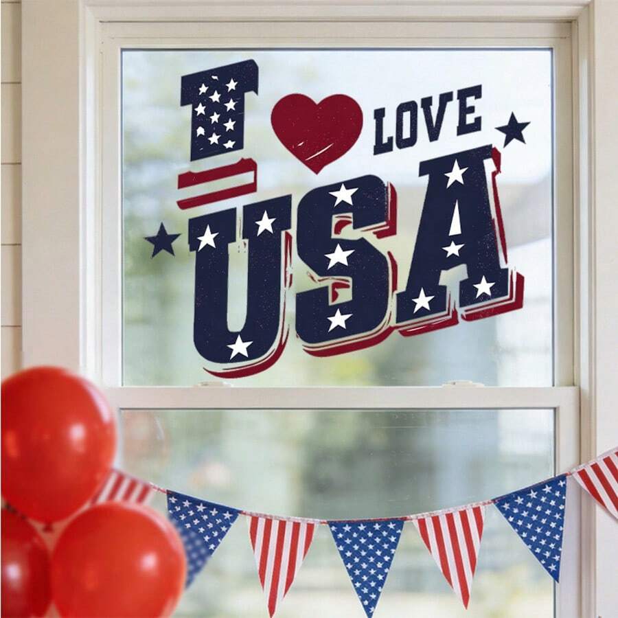 1片 I Love USA 愛國主義文字窗貼,復古懷舊設計 3D 效果半透明自黏玻璃貼紙,帶有做舊紋理分層字母與星星圖案,大膽紅白藍配色,節慶慶祝裝飾,防水可移除 - A - 查看 1