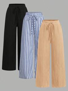 Set Of 3 High-Waisted Loose Straight-Leg Trousers With Drawstring And Pockets, Solid Color And Versatile, Suitable For Spring/Summer - Multicolor - View 1