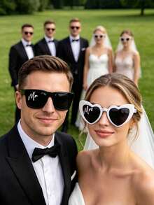 2pcs Groom & Bride Black & White Theme Party Glasses Set, Wedding Engagement Honeymoon Gift For Wife, Outdoor Wedding Bachelorette Party Pre-Wedding Party, Couple Party/Wedding Fashion Glasses Set, Women's Decorative Heart-Shaped Accessories, Unisex Fashion Glasses - A - View 1