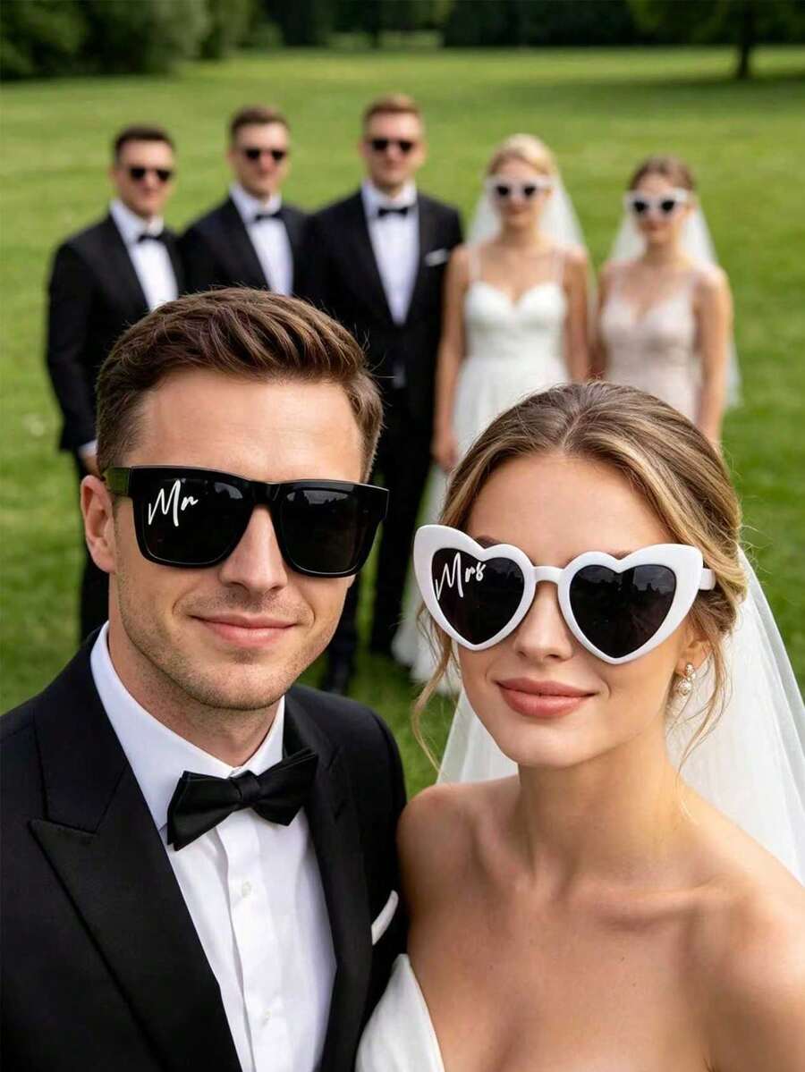 2pcs Groom & Bride Black & White Theme Party Glasses Set, Wedding Engagement Honeymoon Gift For Wife, Outdoor Wedding Bachelorette Party Pre-Wedding Party, Couple Party/Wedding Fashion Glasses Set, Women's Decorative Heart-Shaped Accessories, Unisex Fashion Glasses - A - View 1