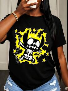 Disney Nightmare Before Christmas Jack Skellington Print T Shirt Women Casual Halloween Costume Party Outfit Gothic Style - 黑色 - 查看 1