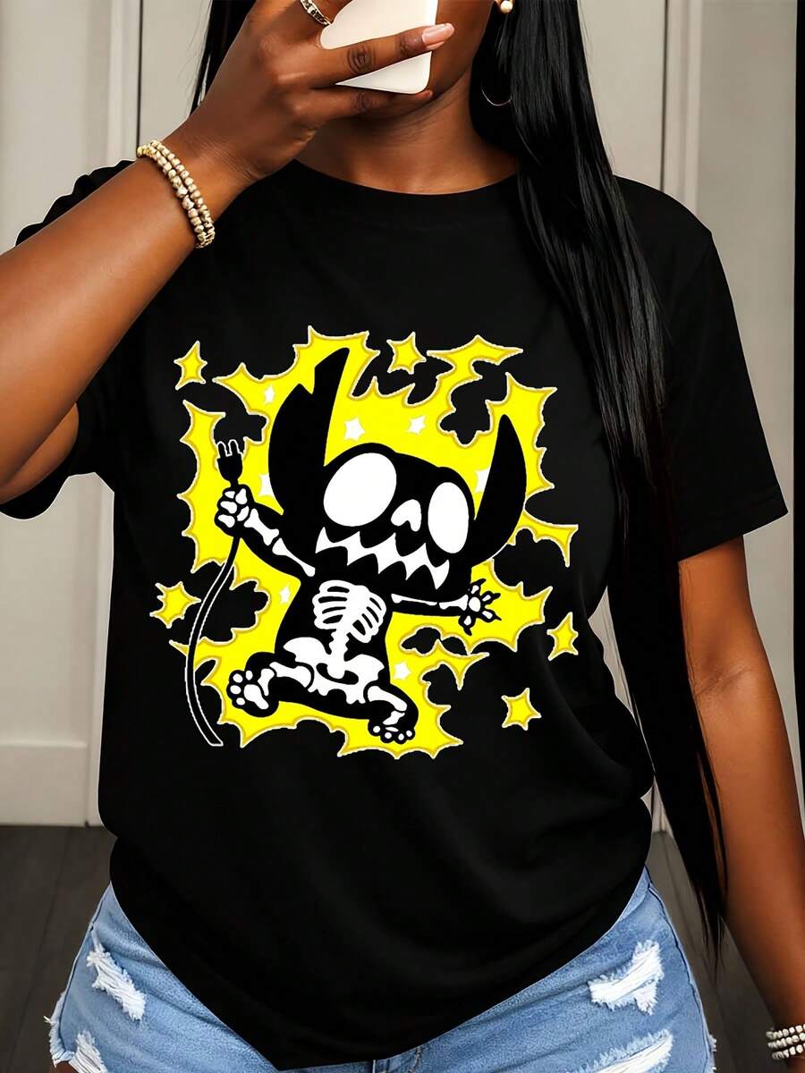 Disney Nightmare Before Christmas Jack Skellington Print T Shirt Women Casual Halloween Costume Party Outfit Gothic Style - 黑色 - 查看 1