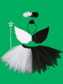 1 Set Costume d'Ange Noir et Blanc de Haute Qualité, Accessoires de Déguisement pour Fête de Vacances et Mascarade, Ensemble Polyvalent de Robe de Fée Magique avec Ailes, Tenue de Performance de Groupe sur Scène, Jupe TU, Couronne d'Ange, Ailes d'Ange Noir et Blanc, Jupe en Tulle, Ensemble 4 Pièces - Noir et Blanc - Voir 7