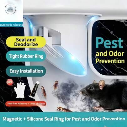 Toilet Squat Pan Deodorizer, Odor Eliminator For Squat Toilet, Includes Silicone Seal Ring, Drain Deodorizer Core, Magnetic Closure, Comes With Adhesive And Disposable Gloves, Odor-Proof, Anti-Insect, Anti-Clogging, Available In White Or Black