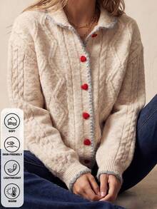 Cardigan Rajut Kancing Bentuk Hati, Sweater Rajut Kabel Klasik untuk Hadiah Natal & Musim Dingin - Aprikot - View 3