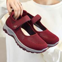Sepatu Flat Kasual Wanita dengan Sol PVC Tebal, Bagian Atas Anyaman, Penopang Lengkungan Kaki, Nyaman untuk Semua Musim, Sepatu Jalan Kaki Berbahan Jala - Burgundy - View 4