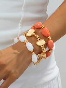 3pcs Pink Resin Beads Bracelet Set - Stackable Gold Tone Asymmetrical Stone Elastic Bracelets, Bohemian Style Stackable Women's Jewelry Gift - Orange-white - View 3