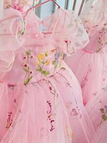 女嬰刺繡花瓣袖鏤空背網紗公主裙，適合女孩生日派對、花童婚禮、重要場合、節日慶祝禮服 - 淺粉色 - 查看 3