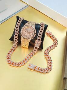 3pcs/Set European & American Hip Hop Cuban Bracelet Necklace Watch Gift Set Quartz Watch - 3pcs - View 1